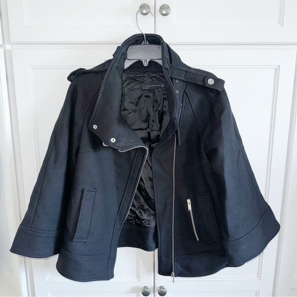 ZARA RARE BLACK COAT CAPE JACKET ASYMMETRICAL ZIP SIZE SMALL Peacoat Goth - Picture 11 of 13